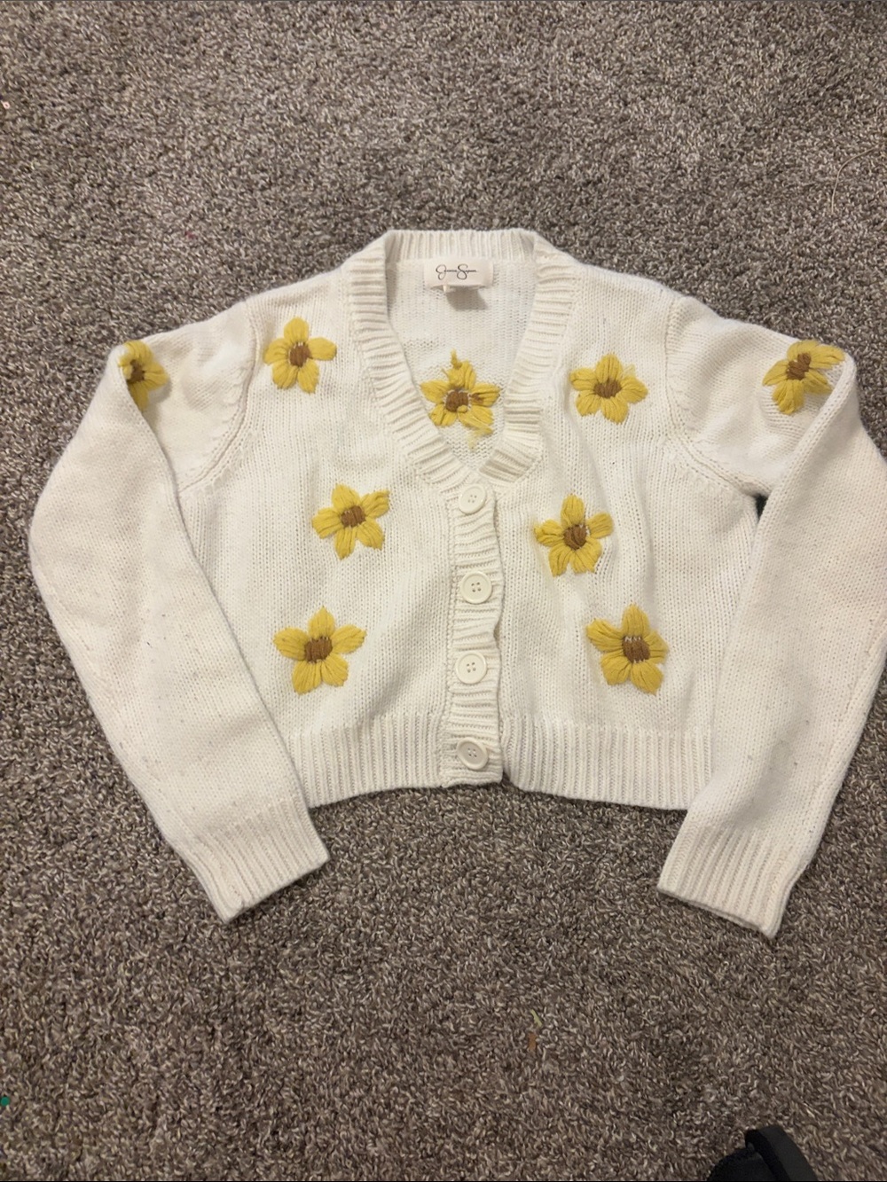 Jessica Simpson White Knit Cardigan with Yellow Floral Accents